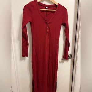 Fitted Long Sleeve Rib-Knit Henley Midi Dress - Red Oldnavy S